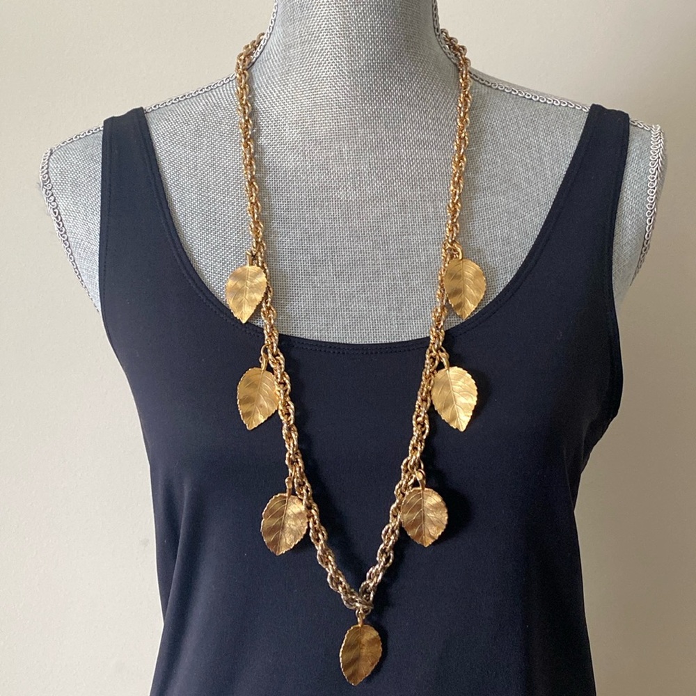 Kenneth Jay Lane Gold Tone Metal Leaf Detail Long Necklace